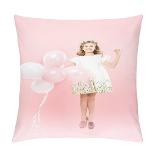 Personality  Happy Child In Elegant White Dress Jumping With Air Balloons On Pink Background Pillow Covers