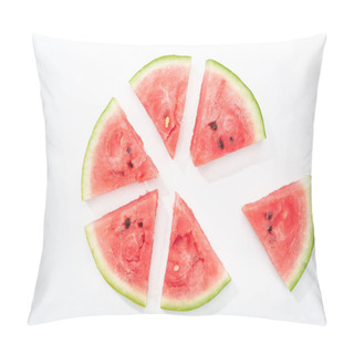 Personality  Top View Of Delicious Juicy Watermelon Slices In Circle On White Background Pillow Covers