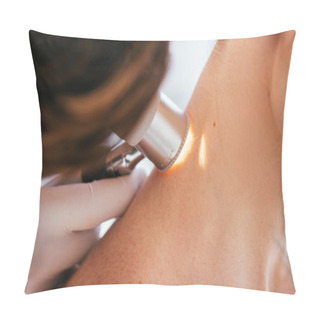 Personality  Cropped View Of Dermatologist Holding Dermatoscope While Examining Neck Of Patient With Skin Disease   Pillow Covers