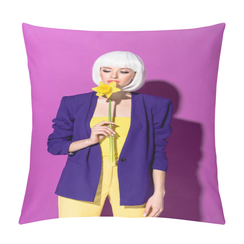 Personality  Pensive Girl In White Wig Sniffing Flower On Purple Background Pillow Covers