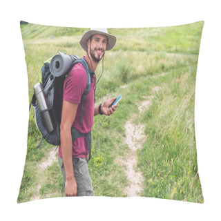 Personality  Traveler With Backpack Using Smartphone On Summer Meadow Pillow Covers