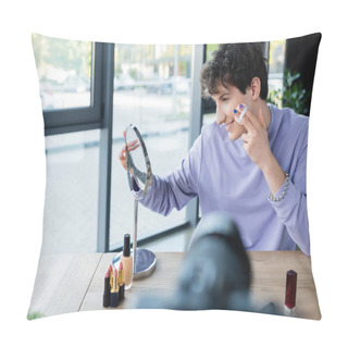 Personality  Side View Of Smiling Transgender Person Applying Face Powder Ear Mirror And Blurred Digital Camera  Pillow Covers