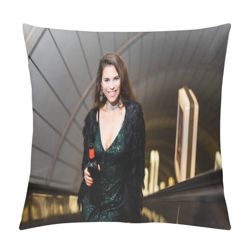 Personality  Fashionable Woman In Black Dress Smiling At Camera While Holding Wine Bottle On Escalator Pillow Covers