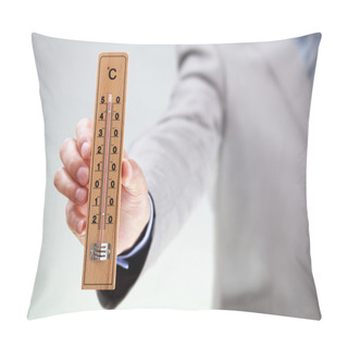 Personality  Businessman Holding Thermometer Reading High Temperature Pillow Covers