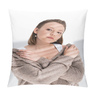 Personality  Beautiful, Confident Overweight Girl In Grey Sweater Hugging Herself And Looking At Camera On White With Sunlight And Shadows Pillow Covers