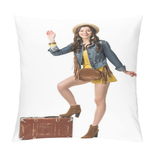 Personality  Full Length View Of Laughing Boho Girl With Suitcase Waving Hand Isolated On White Pillow Covers