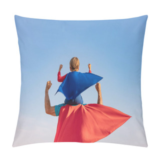 Personality  Superhero Senior Man And Child Playing Outdoor. Super Hero Grandfather And Boy Having Fun Together Against Blue Summer Sky Background. Family Holiday Concept. Happy Father's Day. Rear View Portrait Pillow Covers
