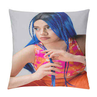 Personality  Rebel Style, Tattooed Young Woman With Blue Hair Posing In Colorful Clothes Isolated On Grey Background, Stylish Look, Looking Away, Modern Individual, Urban Fashion, Generation Z  Pillow Covers