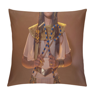 Personality  Cropped View Of Woman In Egyptian Look Holding Crook And Flail On Brown Background Pillow Covers