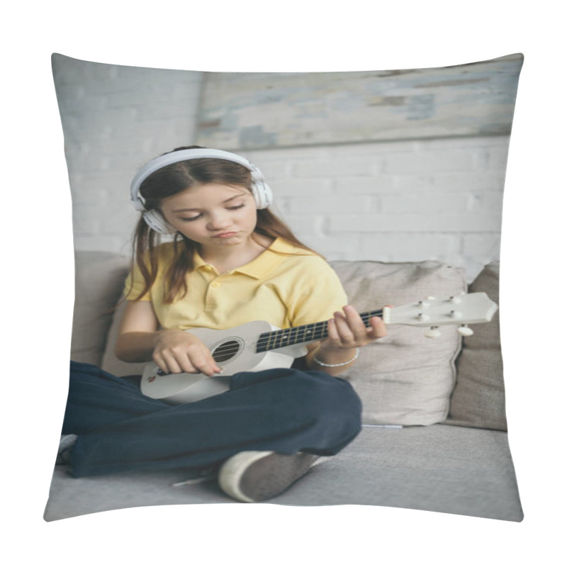 Personality  Displeased Girl In Headphones Playing Little Hawaiian Guitar While Sitting On Couch With Crossed Legs Pillow Covers