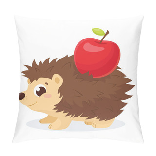 Personality  Cute Little Hedgehog Vector. Adorable Cartoon Brown Hedgehog With A Red Apple. Pillow Covers