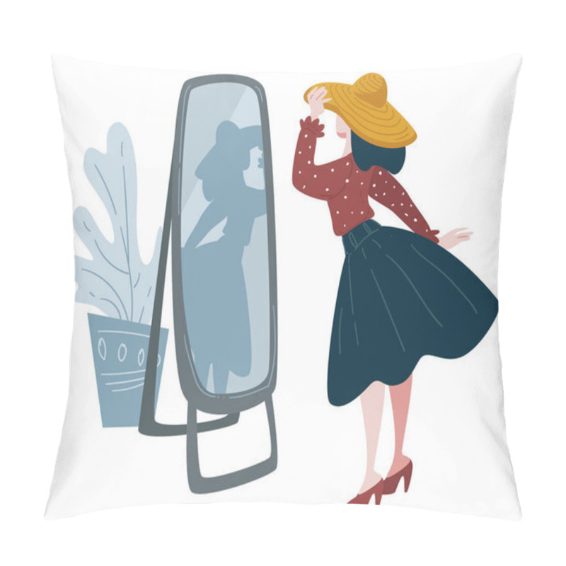 Personality  Woman trying on hat in front of mirror, fashion shopping pillow covers