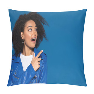 Personality  Happy African American Woman With Open Mouth Pointing With Finger Aside Isolated On Blue Pillow Covers