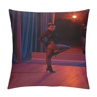 Personality  A Daring Performer Strikes Fierce Pose In Her Black Leotard And Fishnet Tights, Framed By Curtain Pillow Covers