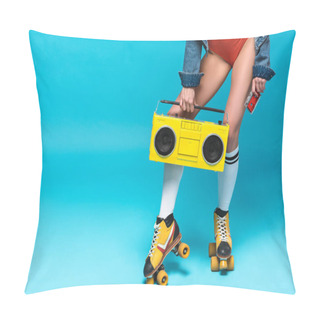Personality  Cropped View Of Woman In Swimsuit And Roller Skates Holding Boombox And Cassette Tape On Blue Pillow Covers