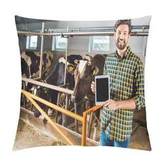 Personality  Handsome Smiling Farmer Showing Tablet With Blank Screen In Stable With Cows Pillow Covers