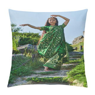 Personality  Stylish Young Indian Woman In Green Sari Standing On Stone Stairs In Summer Park Pillow Covers