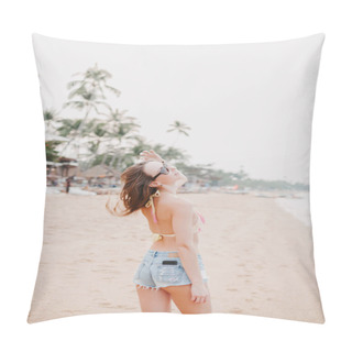 Personality  Beautiful Girl Shaking Hair On Sandy Beach  Pillow Covers