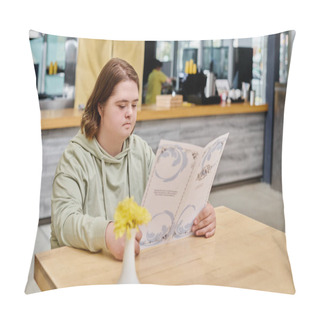 Personality  Thoughtful Female Client With Down Syndrome Looking At Menu Card While Sitting At Table In Cafe Pillow Covers