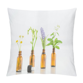 Personality  Chamomile, Freesia, Salvia And Hyacinth Flowers In Glass Bottles Near Dropper On White Background Pillow Covers