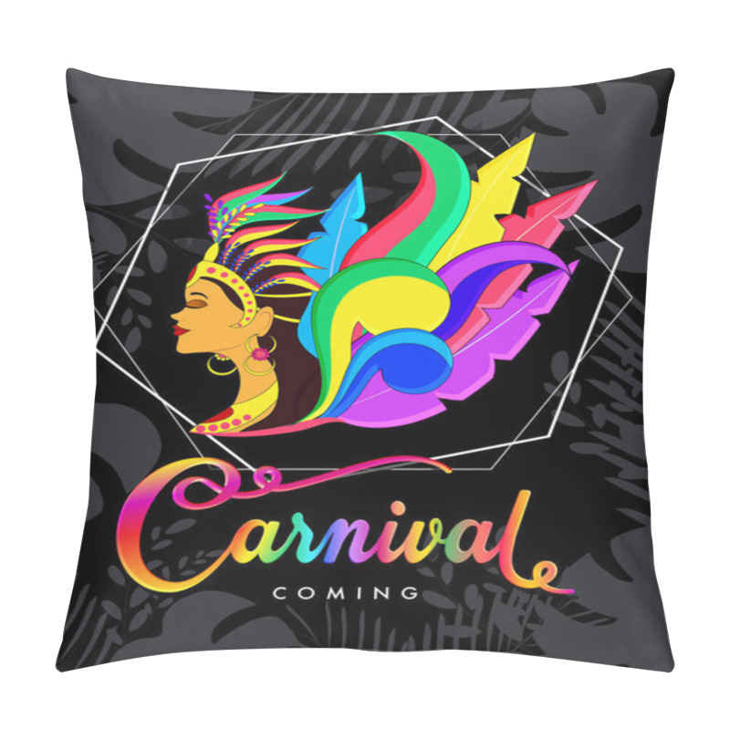 Personality  Beautiful woman in carnival costume with colorful lettering of carnival on black abstract background. pillow covers