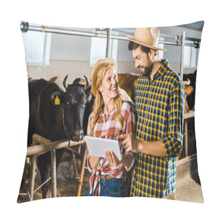 Personality  Smiling Couple Of Farmers Using Tablet In Stable With Cows Pillow Covers