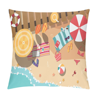 Personality  Summer Beach In Flat Design, Sea Side And Beach Items, Vector Illustration Pillow Covers