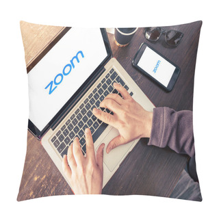 Personality  Laptop And Mobile Phone Showing Zoom Cloud Meetings App Logo. Antalya, TURKEY - March 30, 2020. Pillow Covers