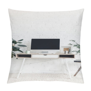 Personality  Blank Copmuter Screen On Workplace Surrounded With Flower Pots, Mockup Concept Pillow Covers