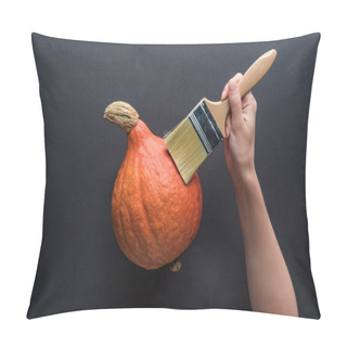 Personality  Partial View Of Woman Holding Paintbrush Near Pumpkin On Black Background Pillow Covers