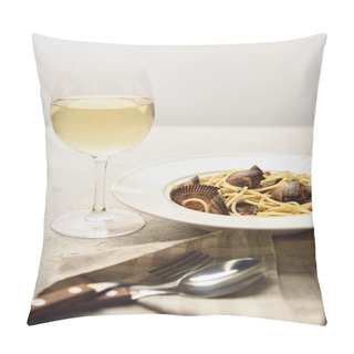 Personality  Tasty Italian Pasta With Seafood Served With White Wine Isolated On Grey Pillow Covers