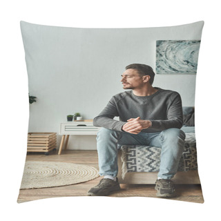 Personality  Upset Bearded Man In Casual Home Wear Looking Away While Sitting On Bed At Home, Depression Pillow Covers