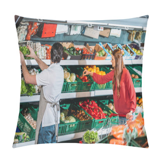 Personality  Side View Of Shop Assistant In Apron And Female Shopper In Hypermarket Pillow Covers