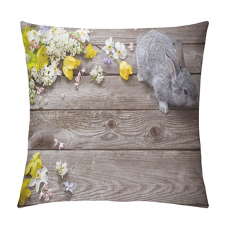 Personality  Bunny With Spring Flowers On Old Wooden Background Pillow Covers