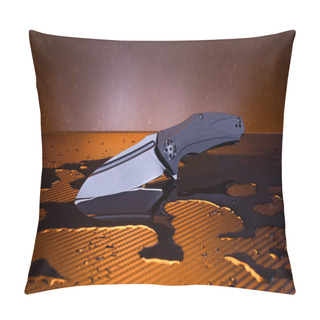 Personality  A Knife On A Table With Water. Knife In Spilled Water. Drips Of Water On The Table. Pillow Covers