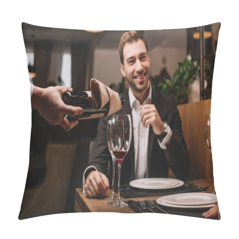 Personality  Selective Focus Of Attractive Man In Suit Smiling And Sitting In Restaurant Pillow Covers