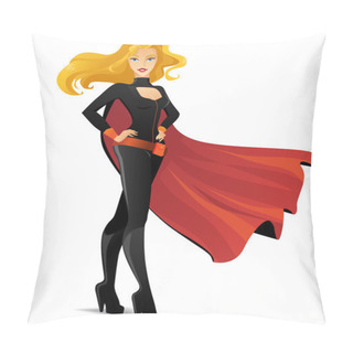 Personality  Beautiful Superwoman In A Black Suit With A Cape Pillow Covers