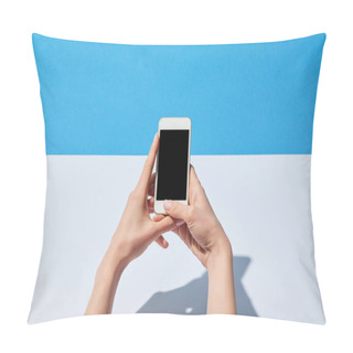 Personality  Cropped View Of Woman Using Smartphone With Blank Screen On White Desk And Blue Background Pillow Covers