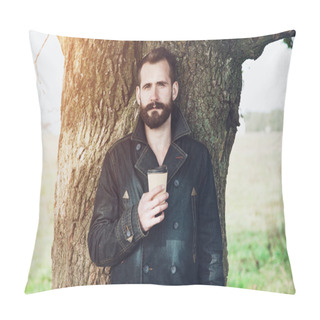 Personality  Bearded Man With Paper Cup Pillow Covers