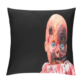 Personality  Creepy Bloody Doll Halloween Concept, Close Up Of Children Ghost Mystic Doll, Scary Horror Doll Face Isolated On Black Background. Pillow Covers