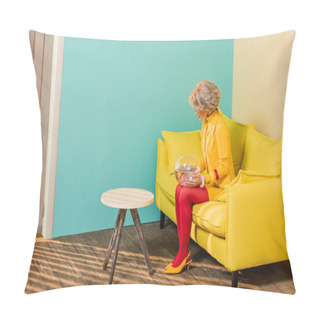 Personality  Woman In Bright Retro Clothing With Golden Fish In Aquarium Resting On Sofa At Colorful Apartment, Doll House Concept Pillow Covers