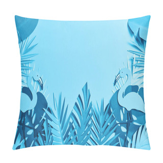 Personality  Top View Of Blue Exotic Paper Cut Palm Leaves And Flamingos On Blue Background With Copy Space Pillow Covers
