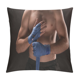 Personality  Male Boxer Applying Wrist Wraps On Dark Background Pillow Covers