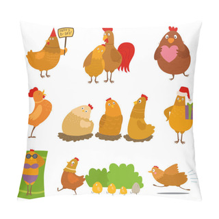 Personality  Chicken Vector Cartoon Chick Character On Happy Birthday Party Or Christmas Hen In Santa Head With Xmas Gift For Baby And Rooster In Love Illustration Isolated On White Background Pillow Covers