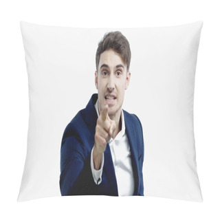 Personality  Angry Businessman Pointing With Finger At Camera On Blurred Foreground Isolated On White  Pillow Covers
