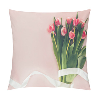 Personality  Bouquet Of Beautiful Pink Tulips With Green Leaves And Ribbon On Pink  Pillow Covers