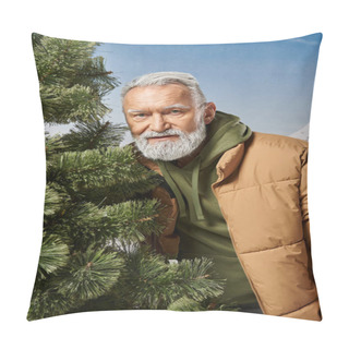 Personality  Sporty Santa With White Beard Standing Near Pine Tree And Looking At Camera, Winter Concept Pillow Covers
