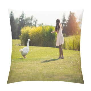 Personality  Girl Feeding Geese In Park  Pillow Covers