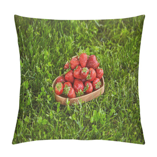 Personality  Red Strawberries In Wooden Heart Shaped Plate On Green Grass  Pillow Covers