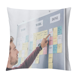 Personality  Handsome Businessman Pointing With Finger At Backend Letters On Sticky Note  Pillow Covers